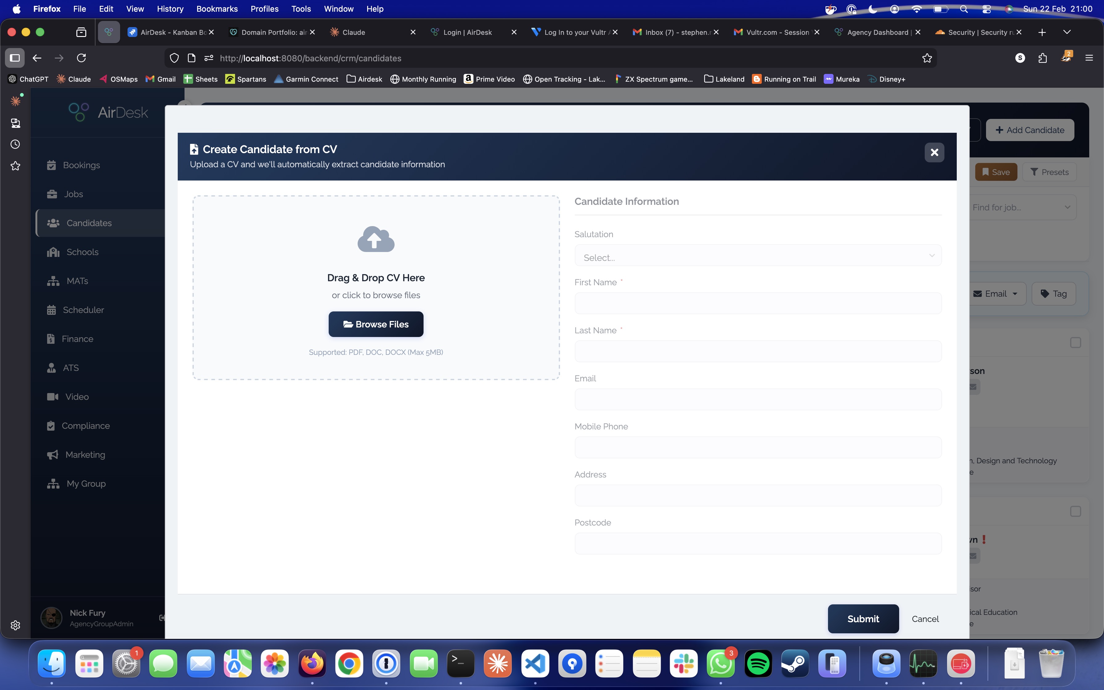 AirDesk AI CV parsing interface — drag and drop CV upload with automatic candidate extraction